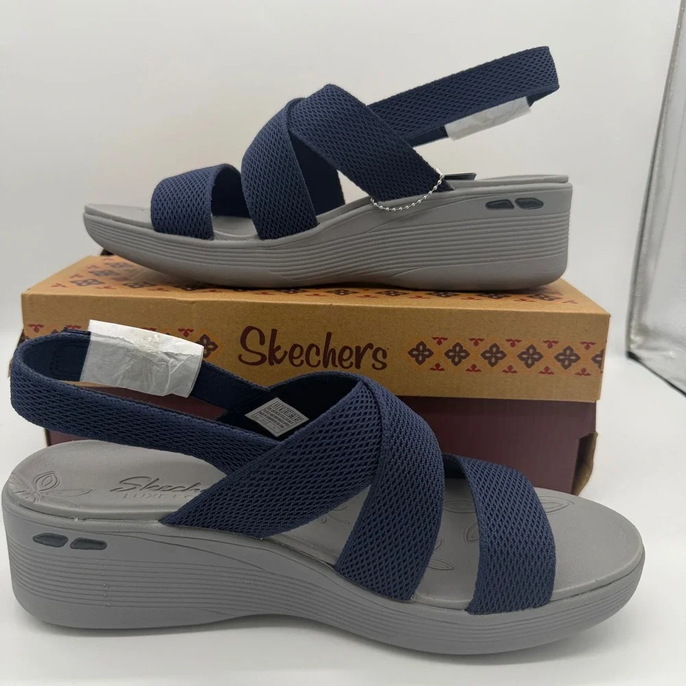Skechers Pier-Lite Night Owl Navy Wedge Sandals 11 163433/NVY Vegan New